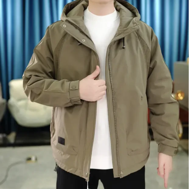 特大码300斤痞帅2025秋冬加厚男士休闲连帽工装外套百搭夹棉夹克