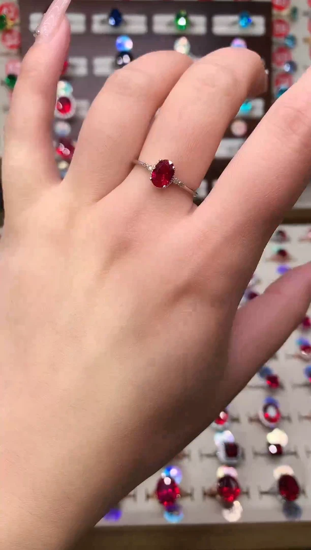 银S925镶嵌戒指红宝石5*7  酒红 银托