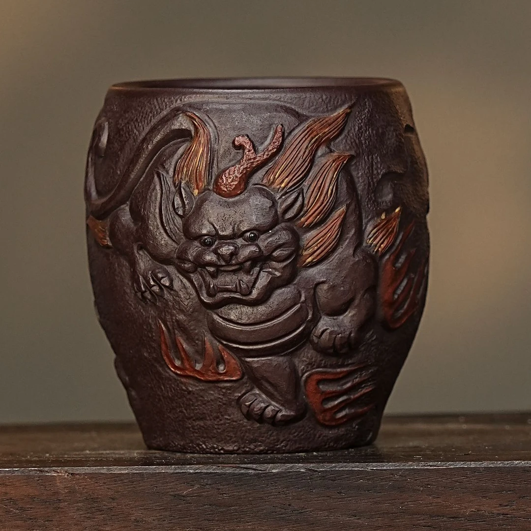 【2642瑞狮杯】宜兴原矿紫砂手工制作异形瑞狮主人杯 麒麟异形杯