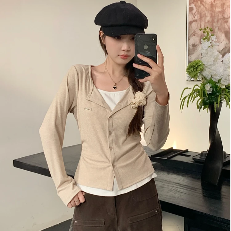 2025新款薄款休闲复古长袖针织t恤春季假两件正肩T恤遮肉显瘦上衣