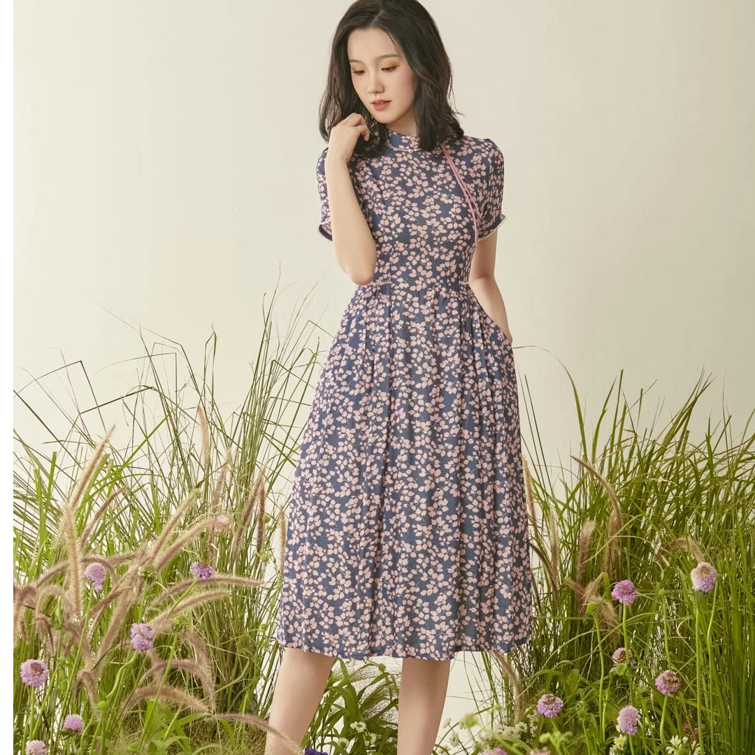 G9115-7夏季新款小印花高腰显瘦时尚连衣裙