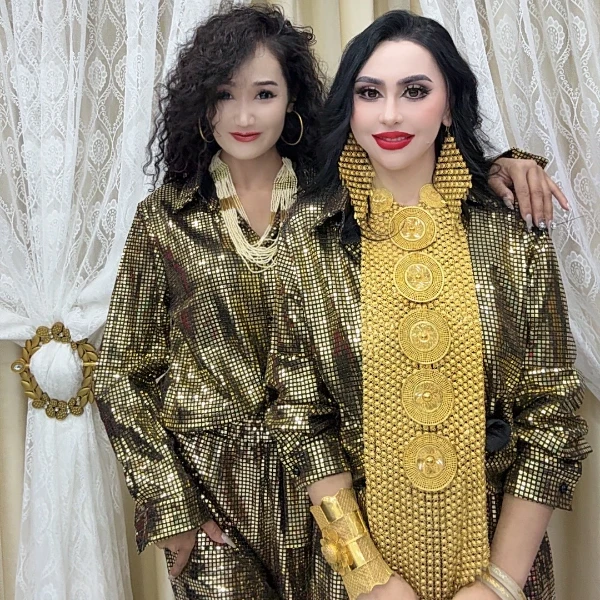 时尚套装女欧美长袖V领收腰显瘦上衣两件套高腰金属色ئالتۇن رەڭ