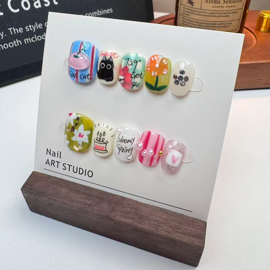 【午后】可爱卡通捏捏手绘向日葵小黑猫手工穿戴甲 工厂供应链直发