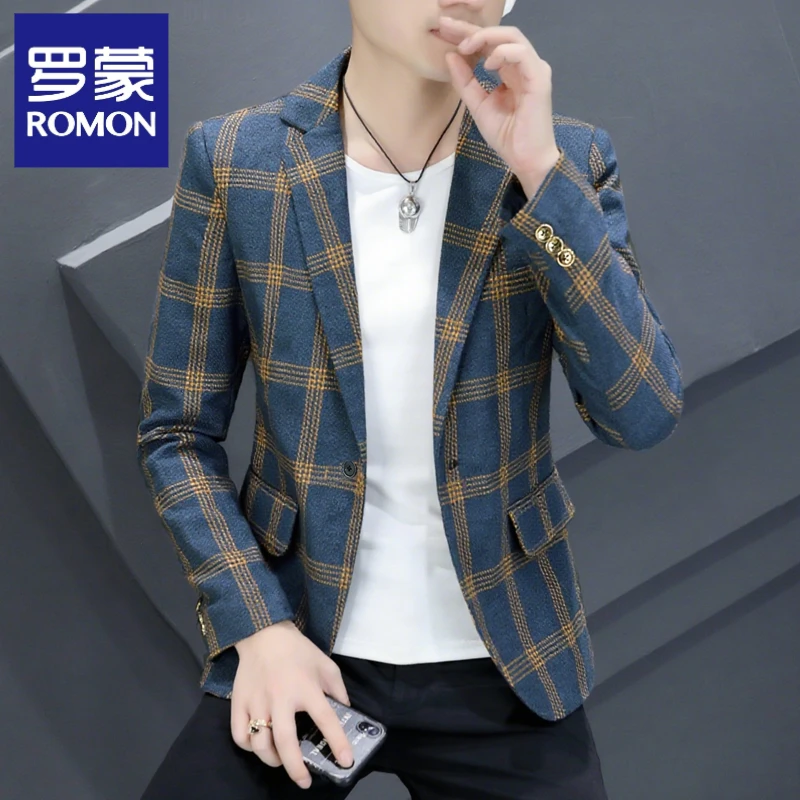 罗蒙西服男士外套英伦风新款男装西装格子秋装休闲宽松大码垂顺