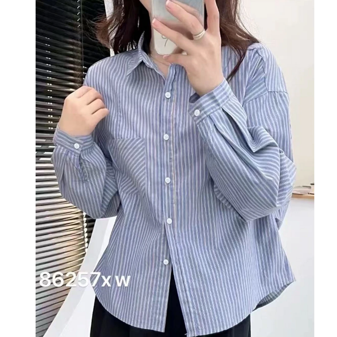 大码纯棉条纹长袖衬衫女春秋新款宽松百搭文艺翻领衬衣上衣