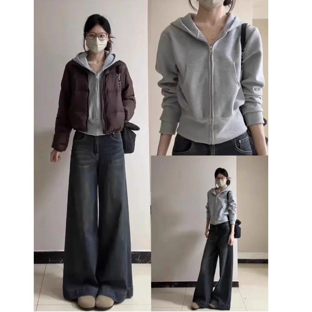 灰色卫衣正肩短款外套女秋季连帽修身收腰上衣早秋韩系穿搭小个子