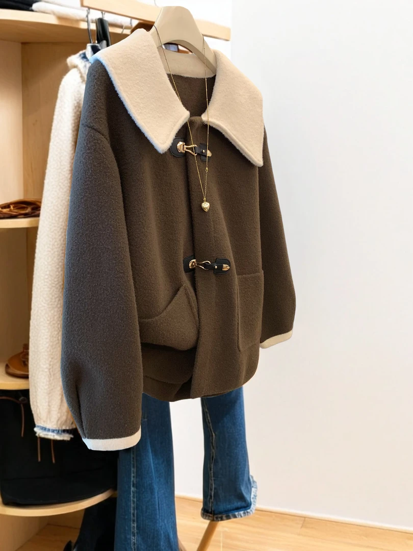 美拉德复古棕色娃娃领撞色拼接外套2025秋冬韩版学院风减龄上衣