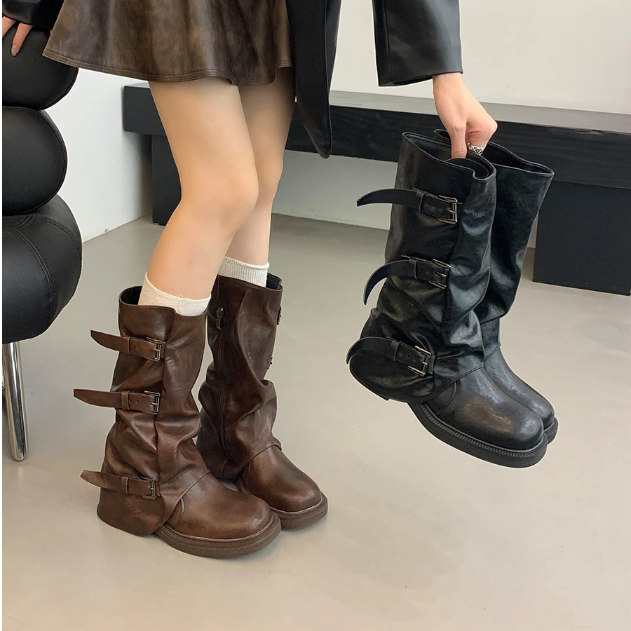 增高显瘦复古厚底裤管靴女2025新款小众设计长筒靴褶皱堆堆靴长靴