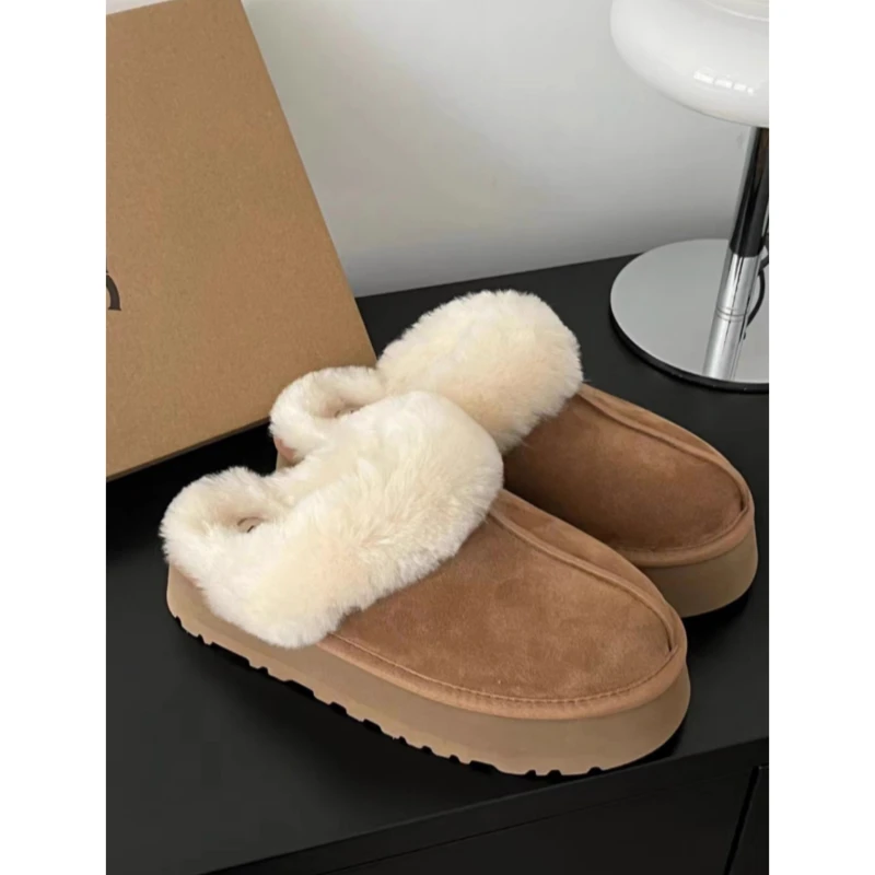 厚底加绒棉鞋皮毛一体半拖雪地靴2025冬季新款毛毛包头拖鞋女外穿
