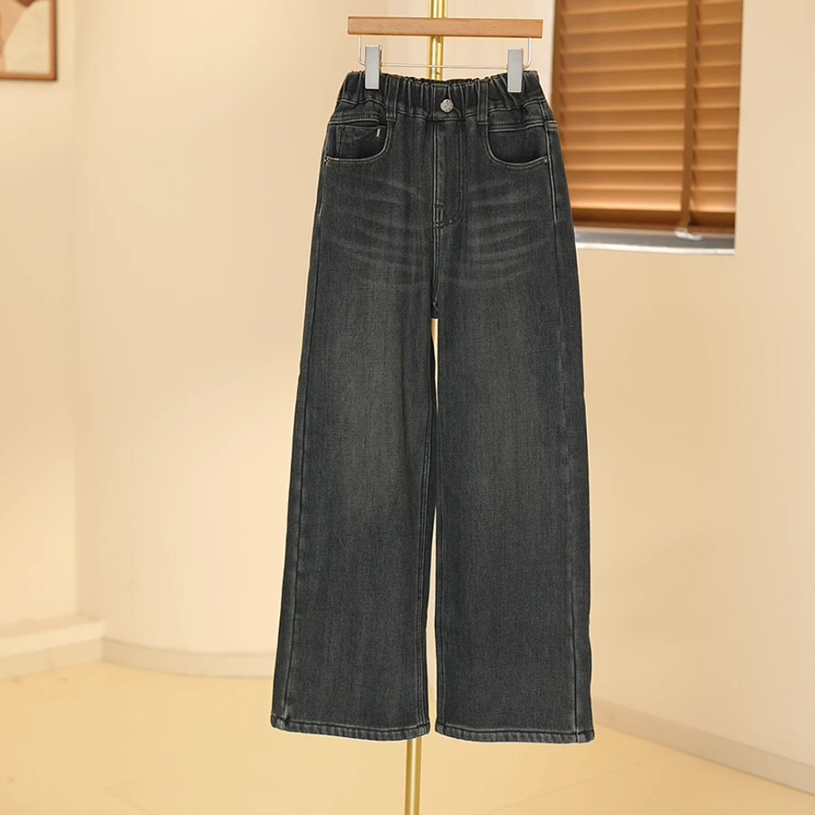 秋冬女大童加绒牛仔直筒裤百搭一体绒休闲时尚青少年必备-SW246