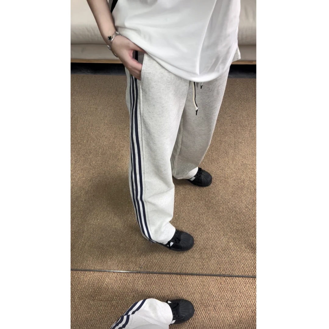 美式条纹卫裤男女秋季新款直筒宽松阔腿运动卫裤高街休闲裤子潮牌