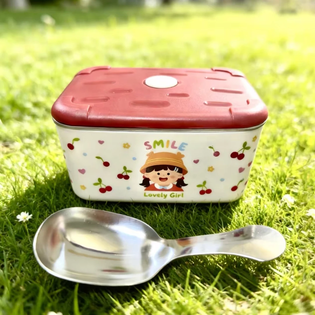 【送大头勺】樱桃女孩微笑不锈钢保温饭盒学生上班族可微波炉便当盒