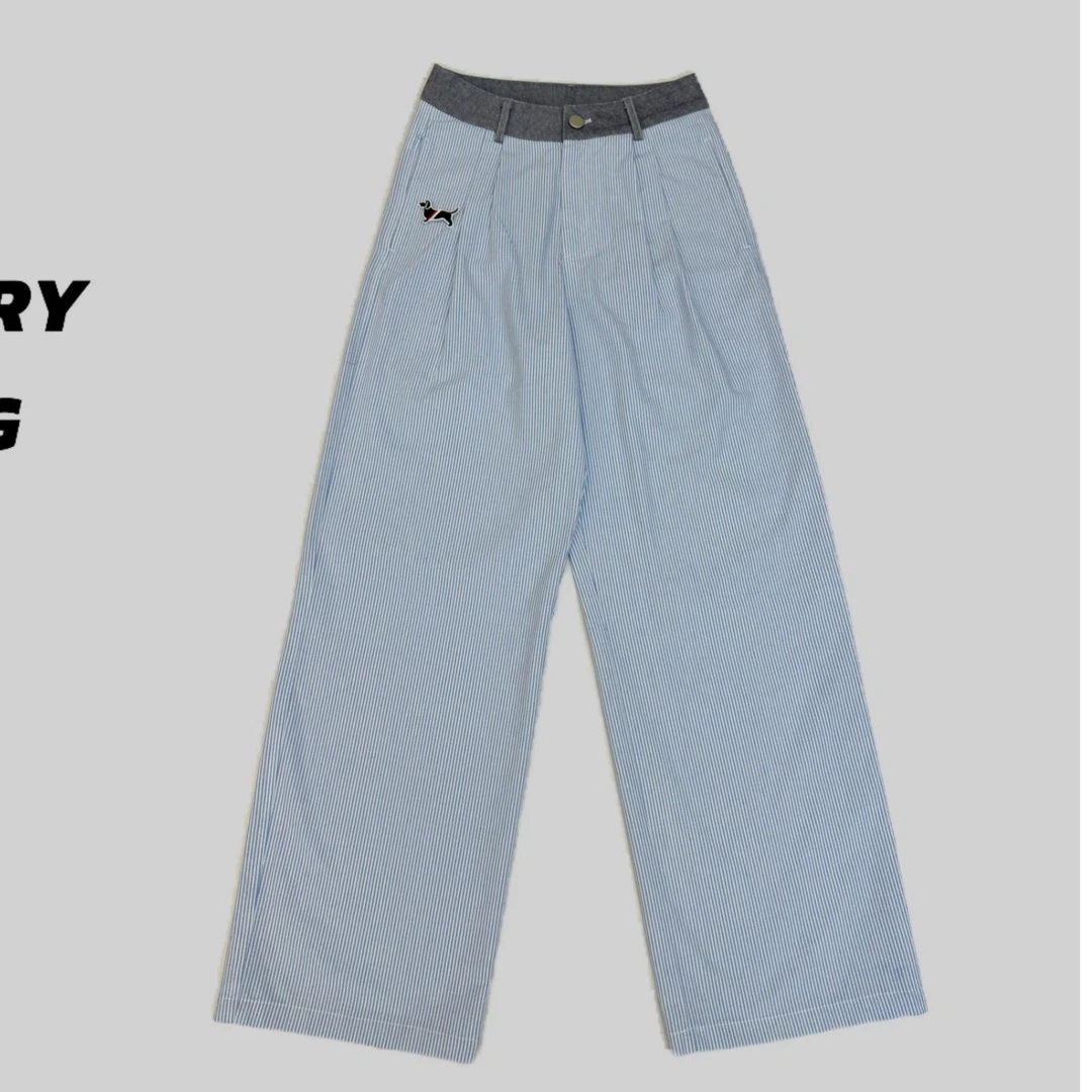 断码（冲11）蓝条纹亚麻拼接牛仔裤裤子MM0090KZ