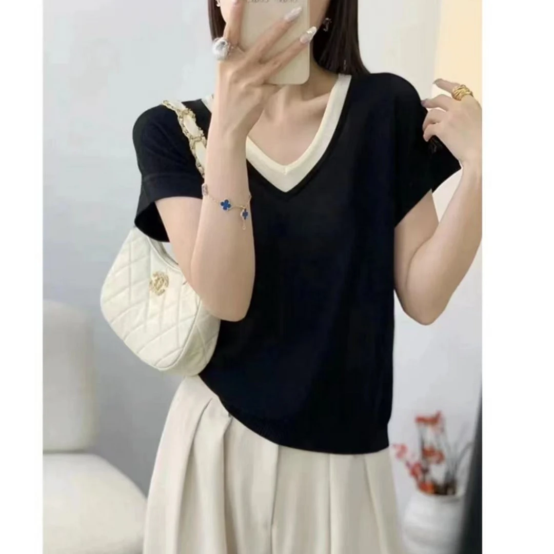 莱赛尔天丝V领黑白薄款套头减龄显瘦针织衫上衣