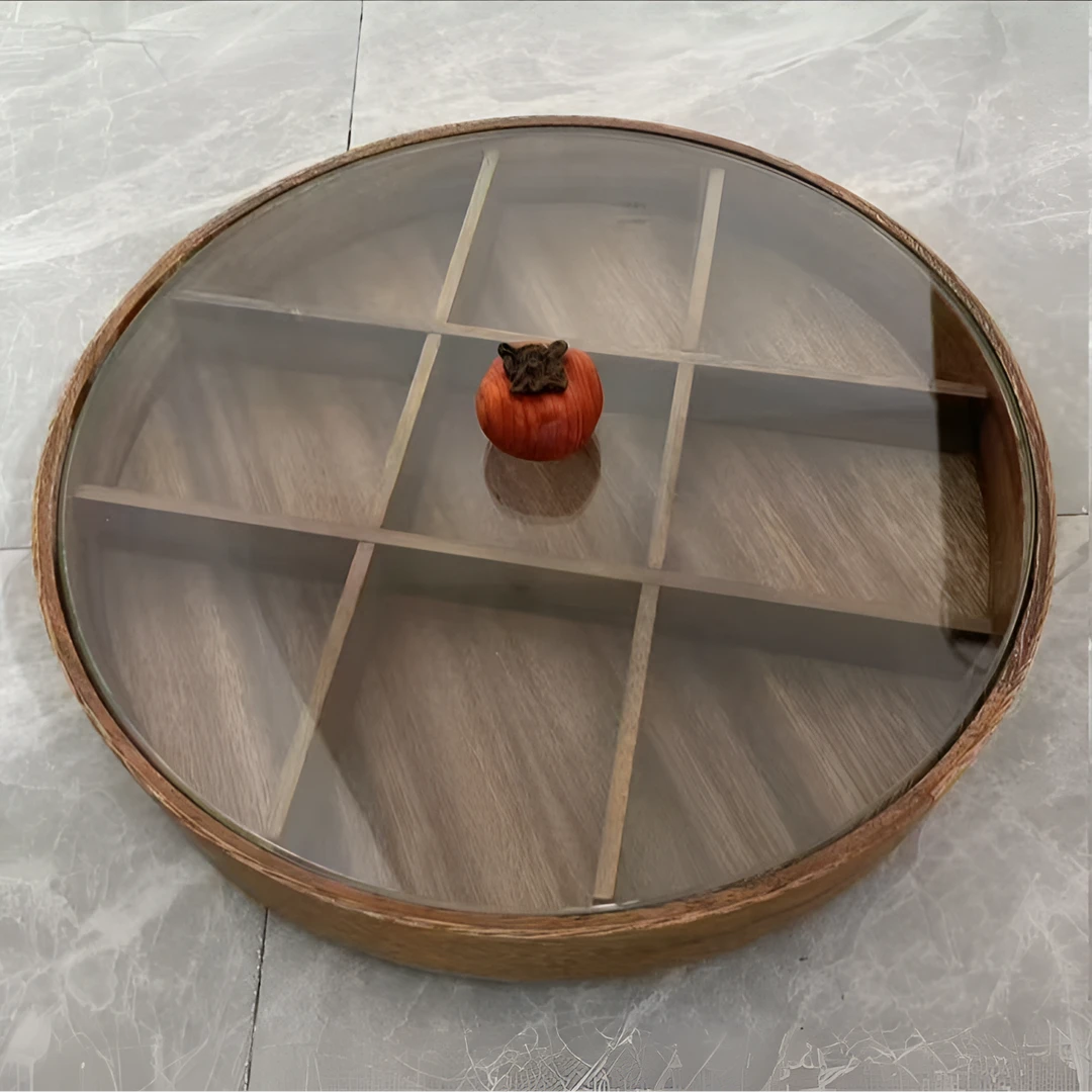 胡桃木柿子九宫格旋转圆形坚果盒32*5.5cm HTGH-19