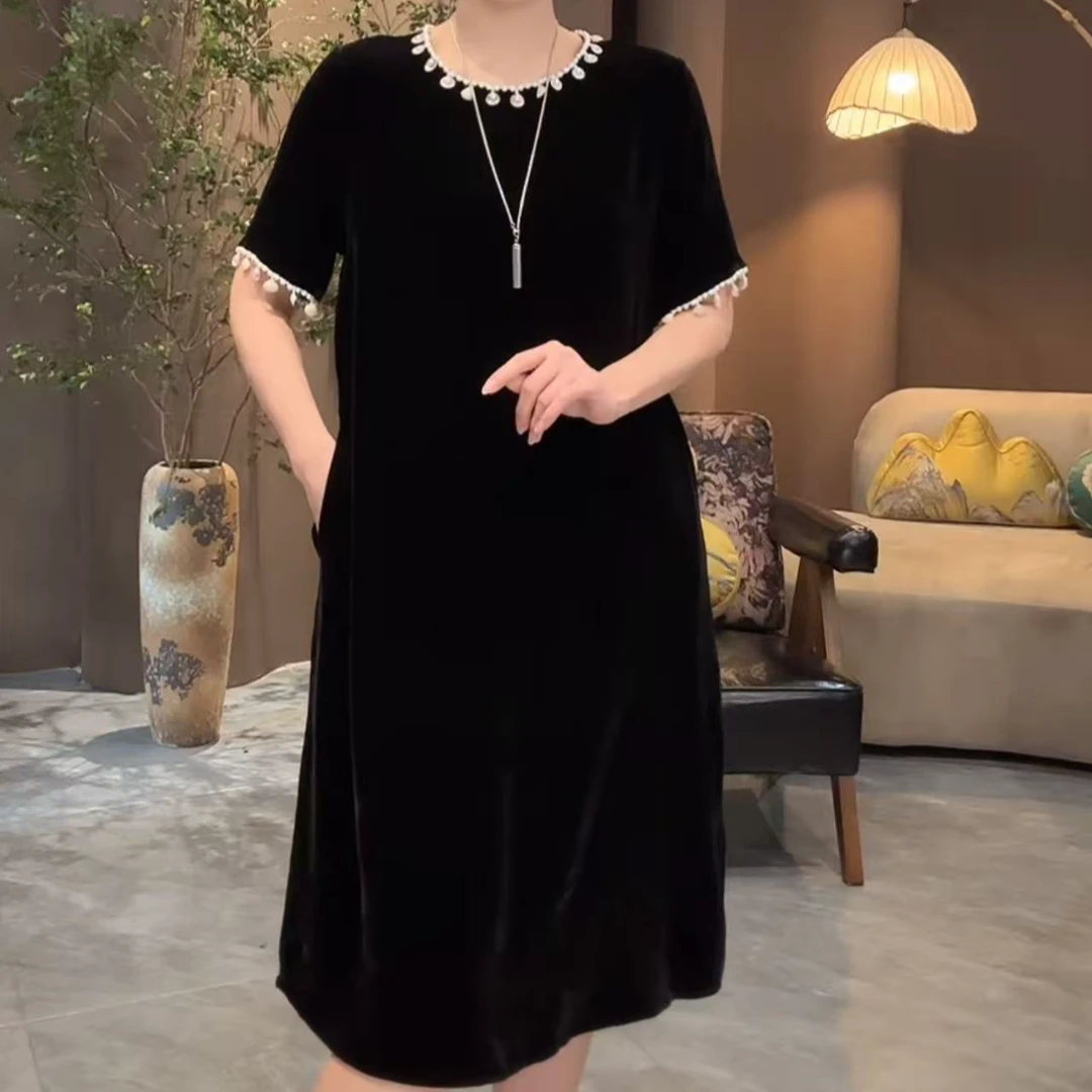 真丝丝绒重工贝壳串珠连衣裙