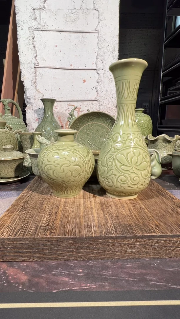 心***弦耀州窑手工苹果尊+玉壶春