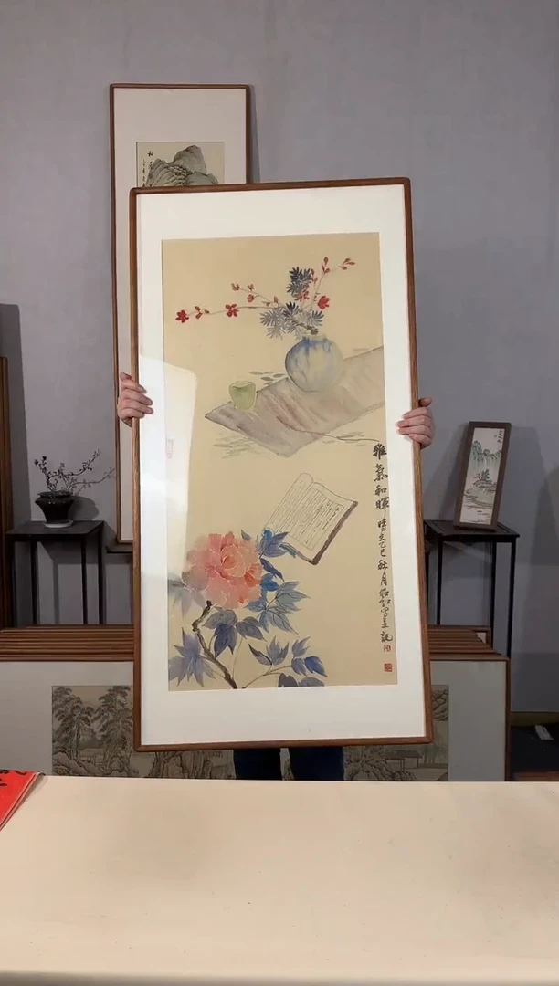 国画手绘*雅气和晖*62*122cm*原木色木框