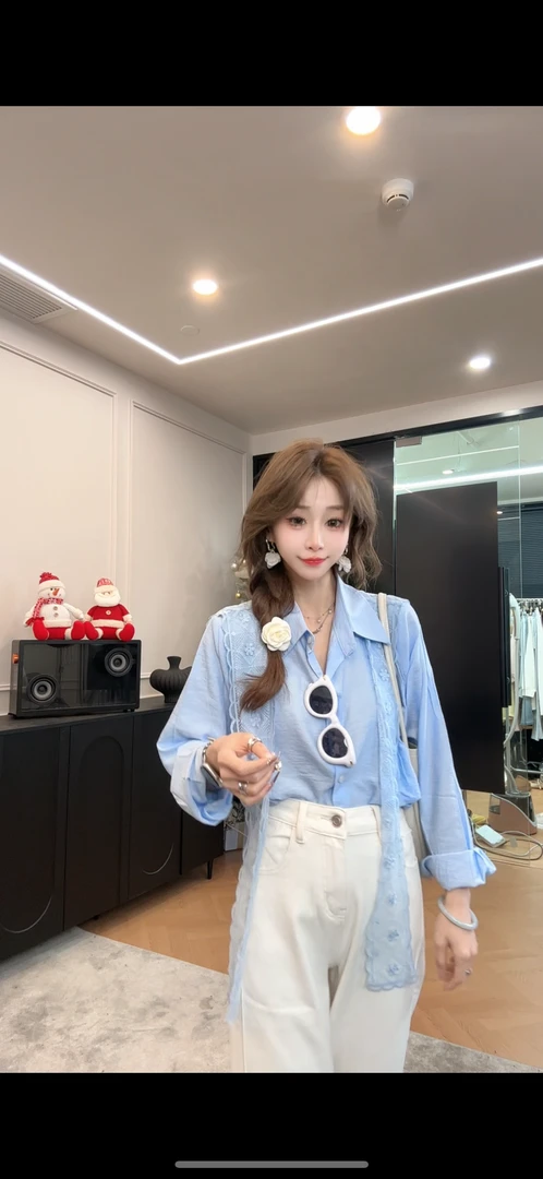 纯欲辣妹POLO领长袖衬衣气质蕾丝披肩女早春新款2025宽松显瘦上衣