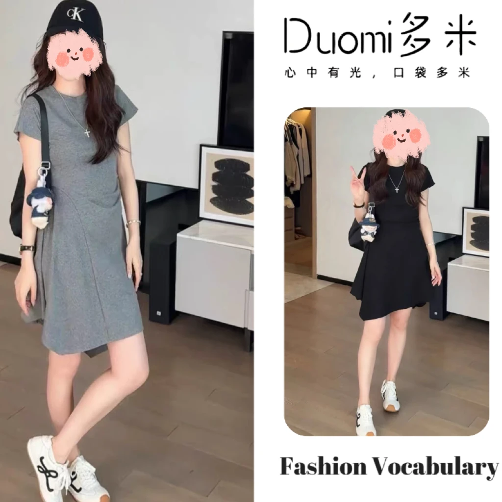 2025夏季短袖连衣裙女夏季新款不规则裙摆褶皱收腰显瘦T恤短裙