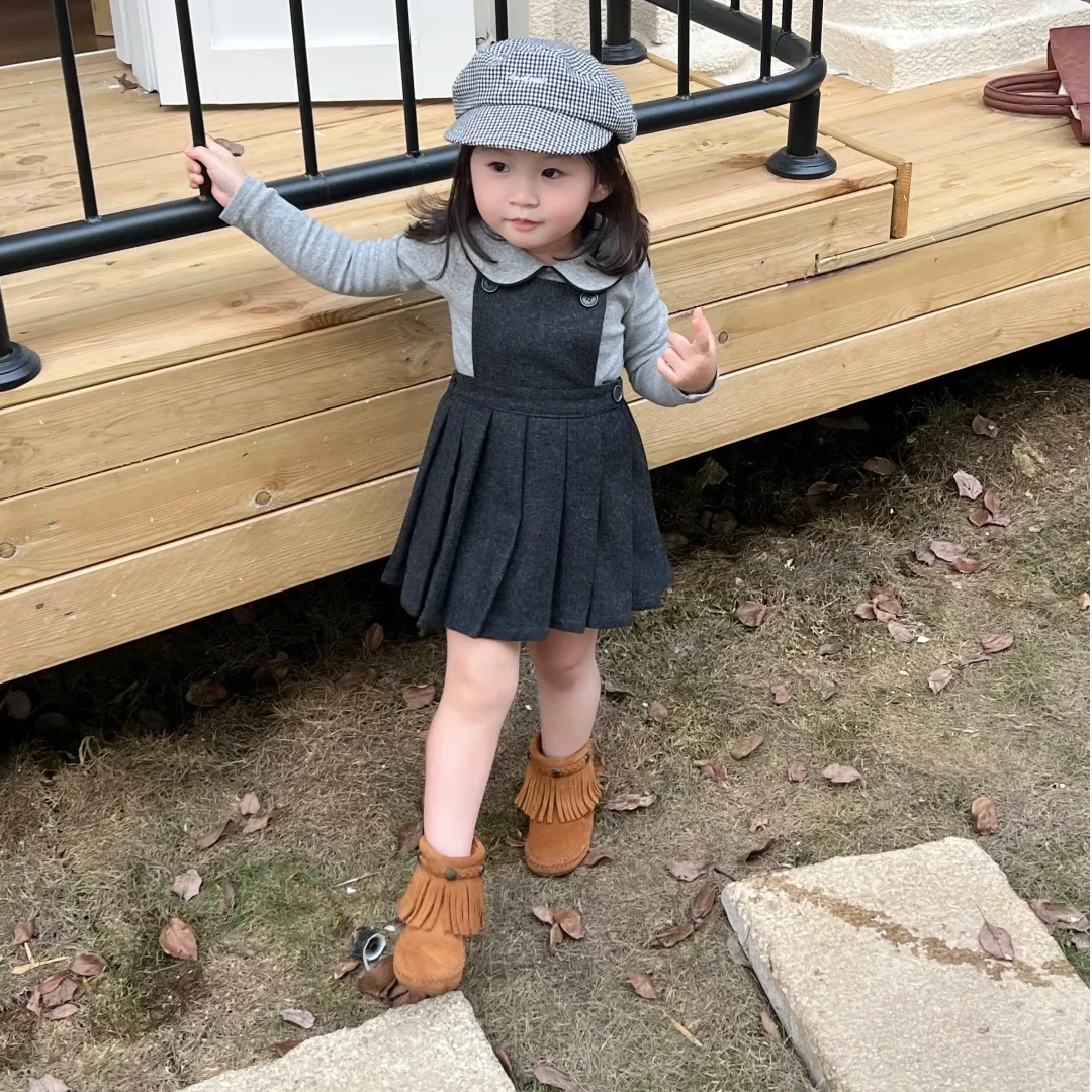 壹妈韩版童装女童秋装套装洋气儿童灰色娃娃领上衣毛呢百褶背带裙