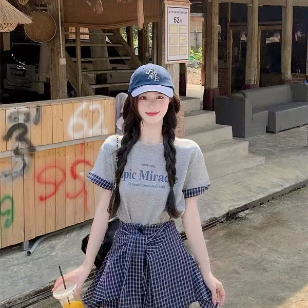 小鑫【浅夏韩女】格子拼接短袖T恤女不规则绑带短裙带安全裤