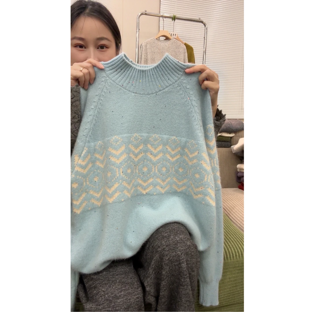 2229【半高领肩部提花亮片毛衣】秋冬新款时尚针织宽松女士上衣