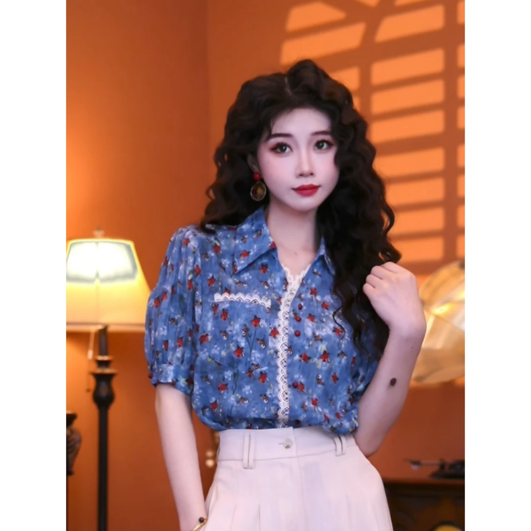 蒋肉肉【蓝焰之诗】港味复古时尚气质短袖上衣02220