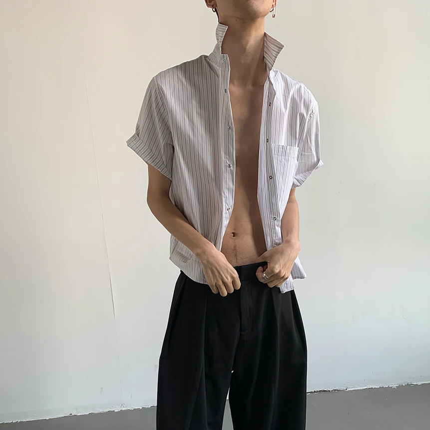 MION 帕劳之旅 夏季休闲短袖衬衫小众短款格子衬衣条纹男女宽松