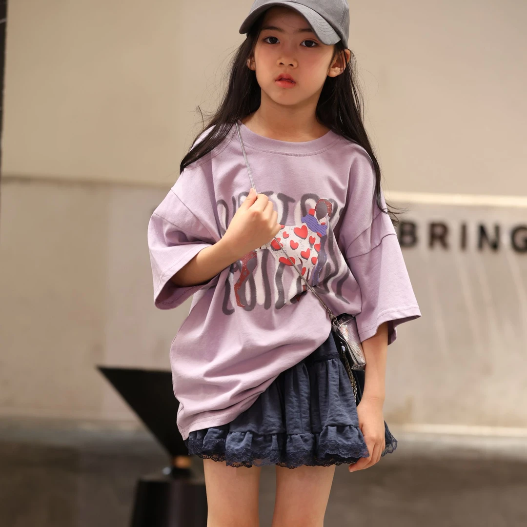 【现货】2025年夏季新款女童T恤字母印花短袖中大童宽松上衣+蛋糕裙