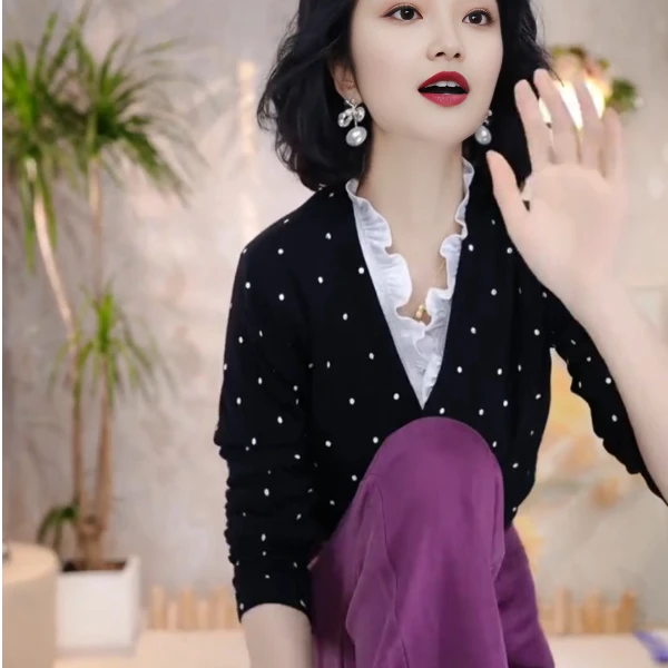 【通勤套装】春季高级时尚设计感波点印花外套+花瓣领无袖背心99392