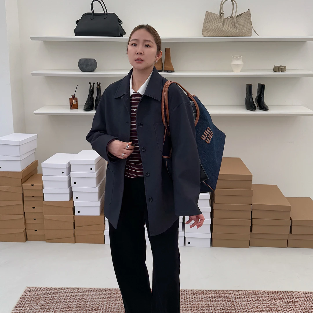 widelia陈姬儿秋季复古简约翻领单排扣宽松休闲皮衣外套女8125