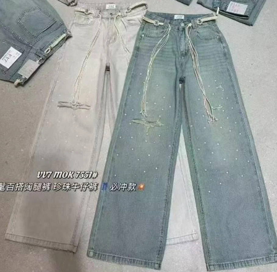 DEZI宝藏衣橱亮钻破洞腰绳牛仔裤HD75512066