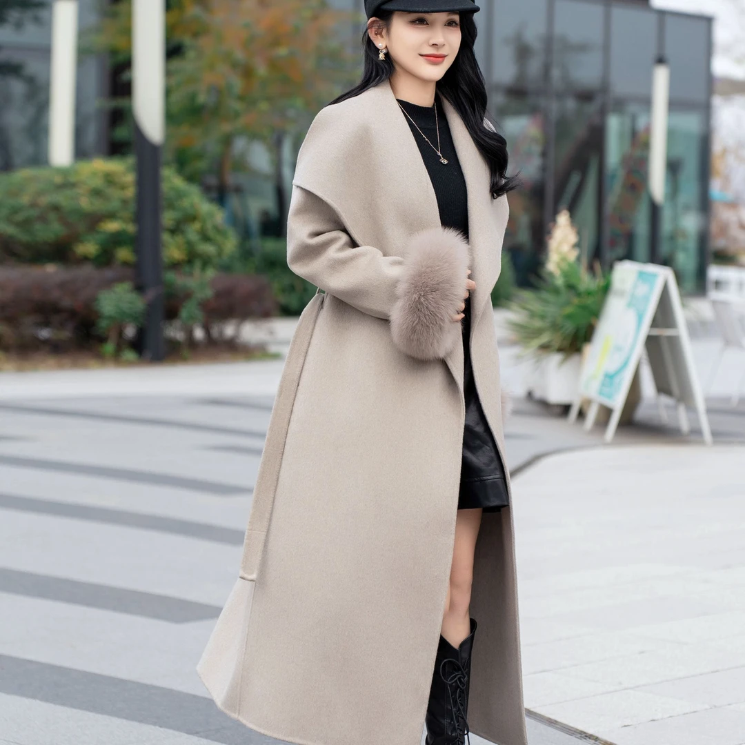 011大翻领秋冬毛呢外套气质大牌狐狸毛羊毛大衣女双面呢