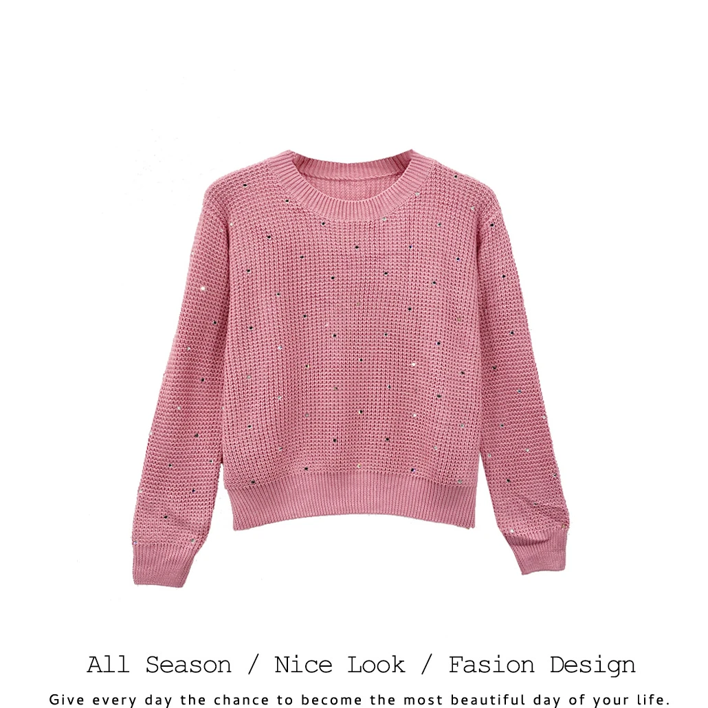 840     时尚粉色镶钻早春季舒适圆领百搭长袖      款号#82612-8