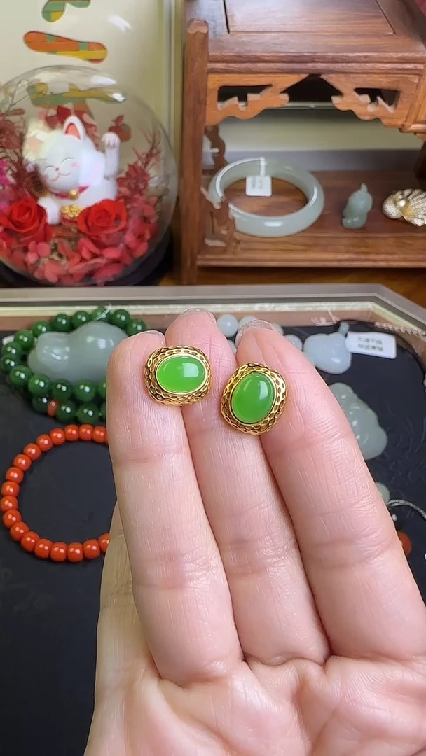 银S925镶嵌和田玉耳钉碧玉小耳钉