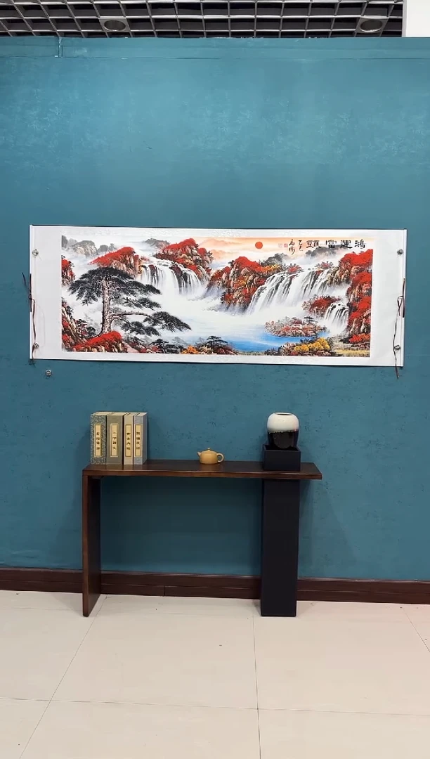 国画《鸿运当头迎客松山水》70*200厘米卷轴软裱