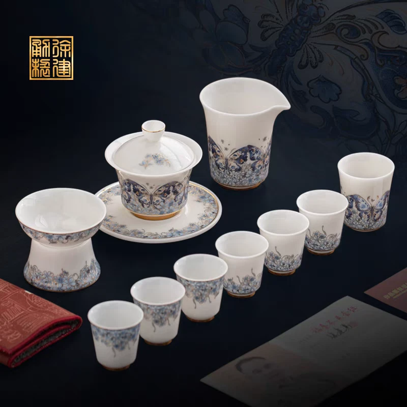 高档描金福叠冰种玉瓷三才盖碗套装蝴蝶白瓷家用女士专用功夫茶具