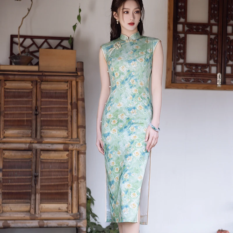 【风清余】2025春款新出炉长丝斜纹缎新中式国风清新优雅时尚旗袍