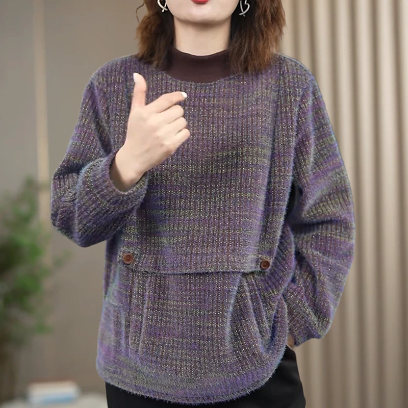 高档时尚流行水晶绒半高领毛绒感绒衫保暖厚实遮肚子新款品质女装