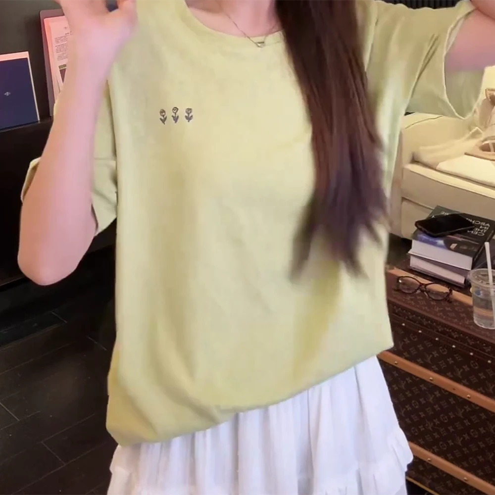 2025新款夏季日系元气感玫瑰印花时尚休闲宽松套头圆领T恤