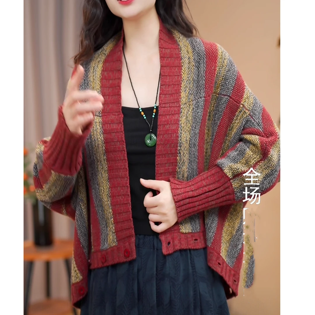 披肩款早秋彩色条纹针织开衫女拼色单排扣长袖毛衣外套上衣