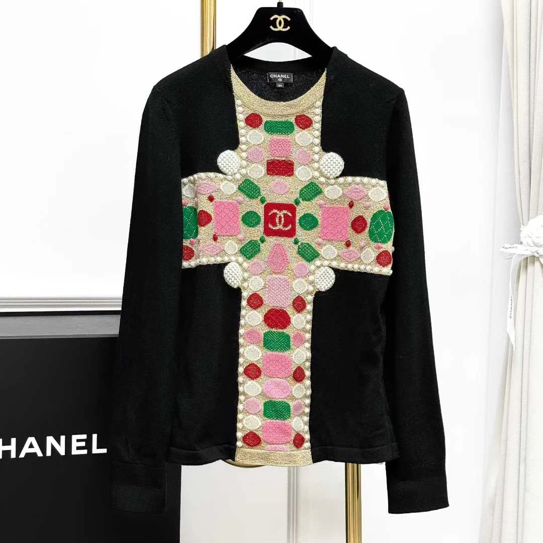 99新 Chanel/香奈儿 34码20K马术系列黑色羊绒针织上衣