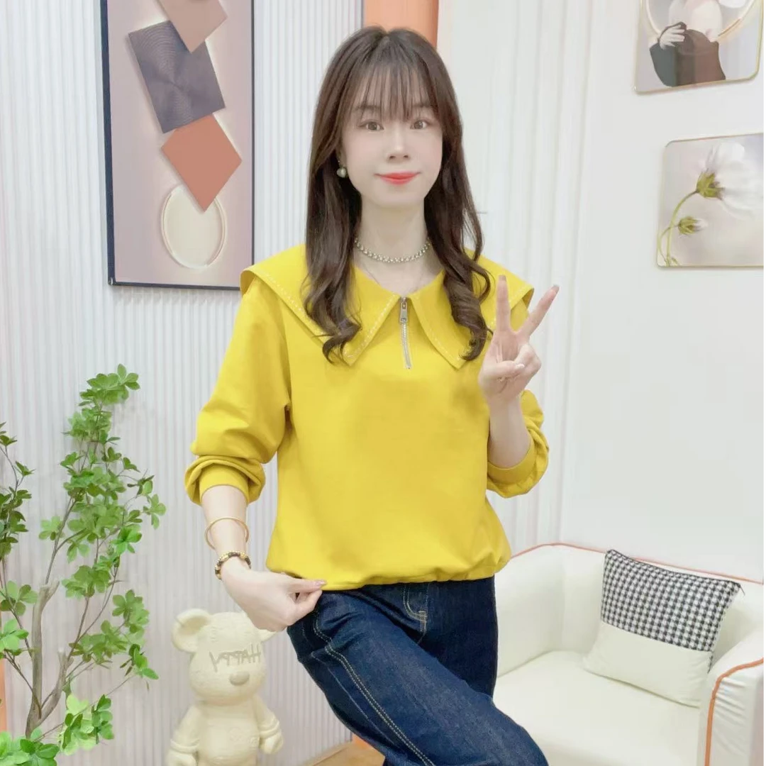 炬雅【金色阳光】新款拼接娃娃领立体刺绣时尚减龄显瘦秋季女卫衣