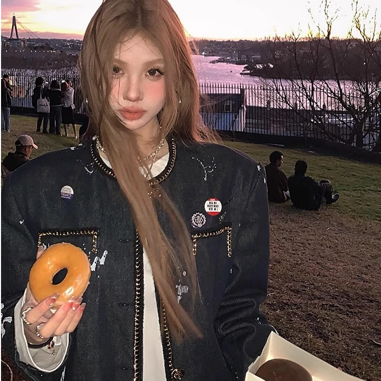 巴清仓福利！重工小香牛仔短外套女复古宽松工装夹克上衣秋QKL1312