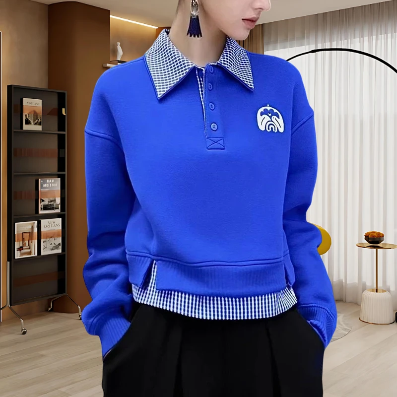 潮流休闲服套头女POLO领百搭卫衣宽松时尚秋冬常规款拼接女装上衣