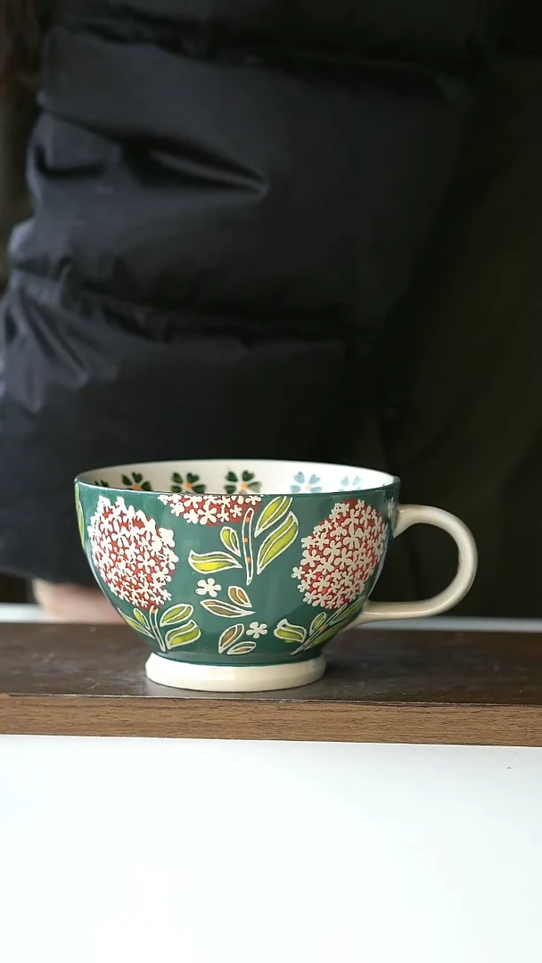 【闪购商品】陶瓷手绘油画绣球早餐杯@4-2@