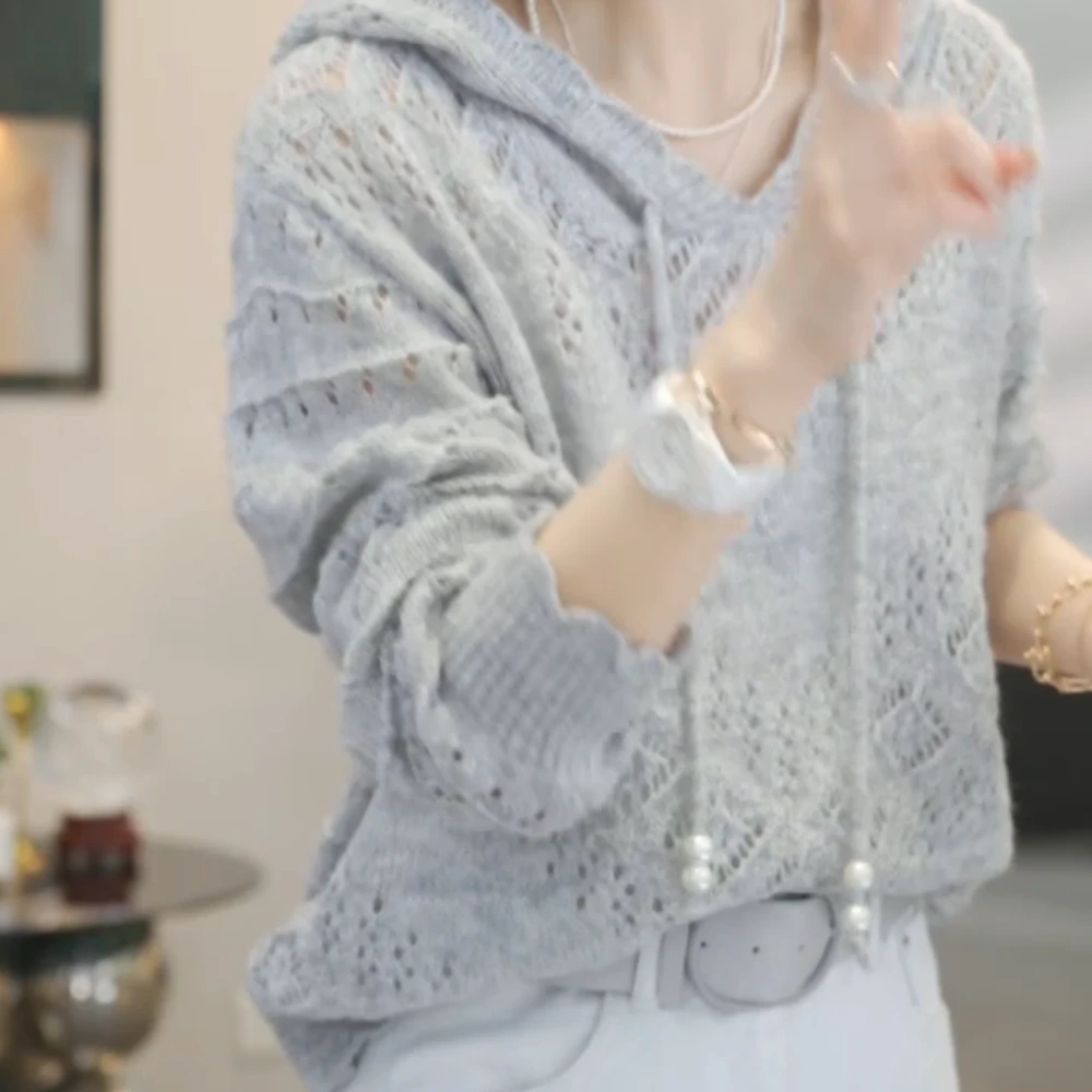 【接二连胜】中国风气质百搭显瘦镂空连帽休闲外穿毛衣帽衫