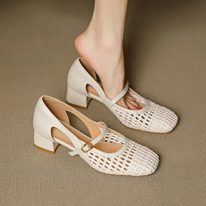 羊皮版~法式凉鞋女简约方头编织镂空浅口一字带粗跟通勤小单鞋