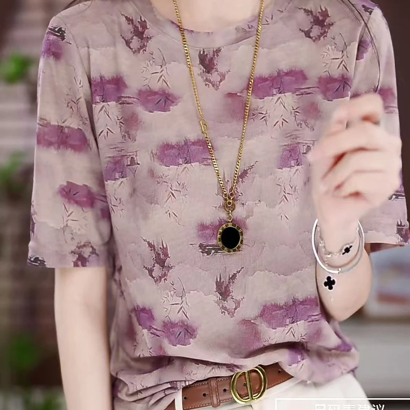 【紫色心情】爆款时尚百搭气质宽松减龄短袖T恤新款半袖网纱女上衣